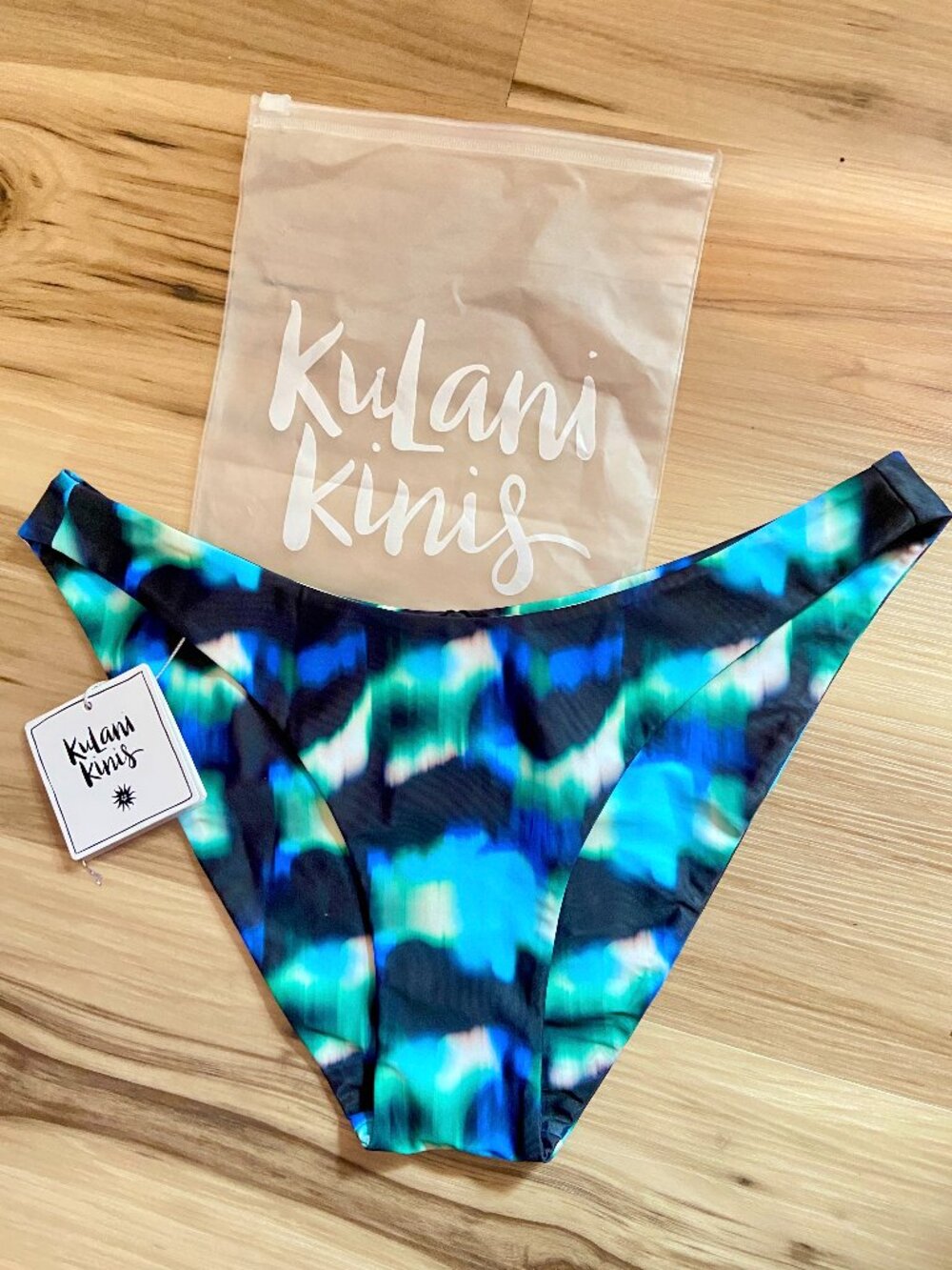 New Kulani Kinis Minimal Full Coverage Bikini Bottom - Blue Ocean Mischief L NWT